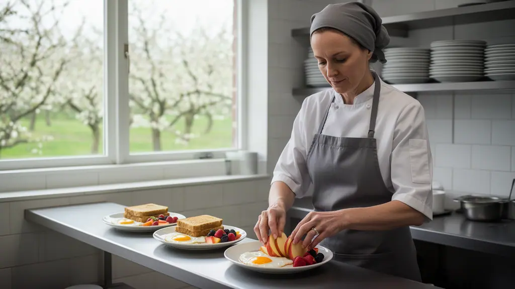 A chef-owner placing apple slices and berries on breakfast plates at the pass of her restaurant kitchen.
